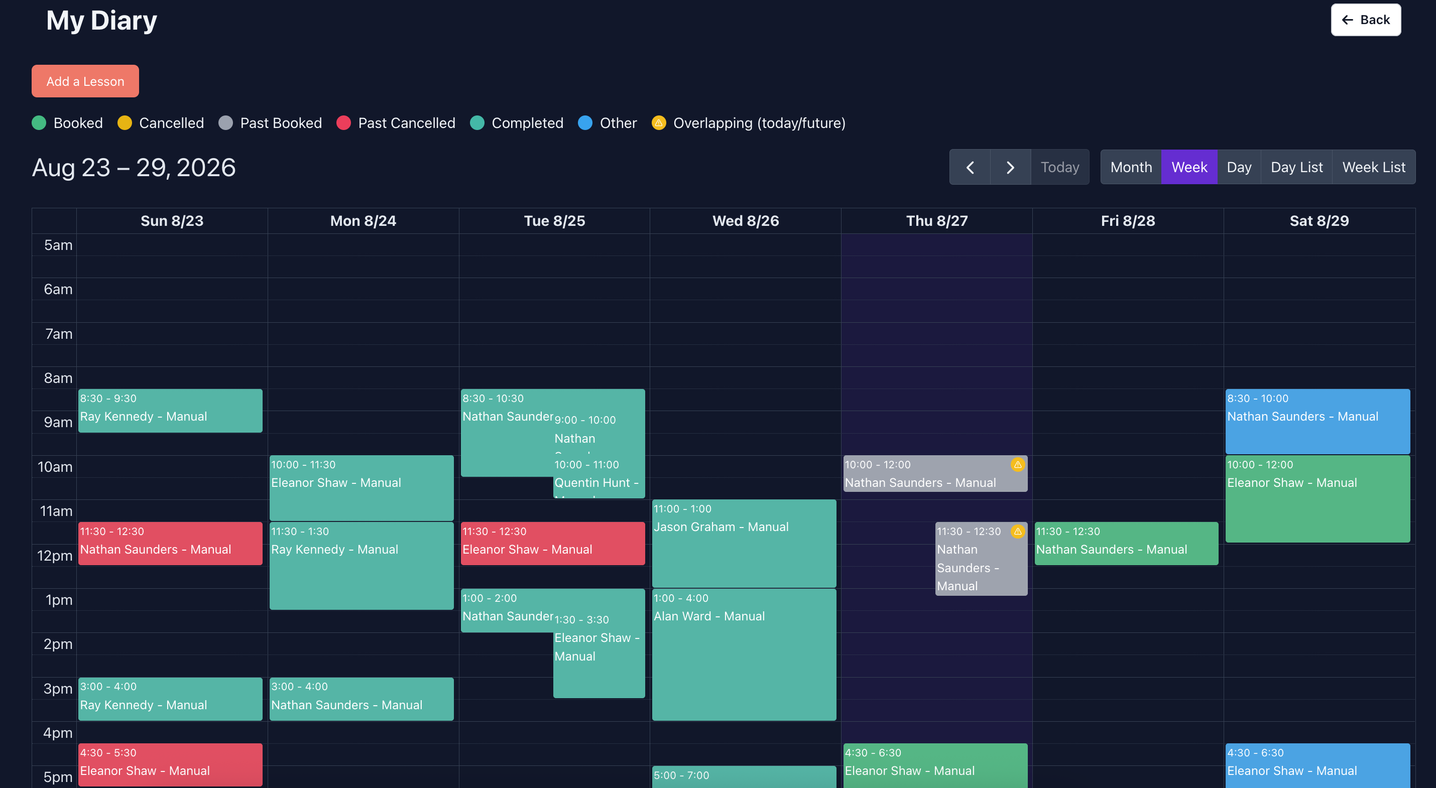 Your week's lessons, booked and laid out in one diary view