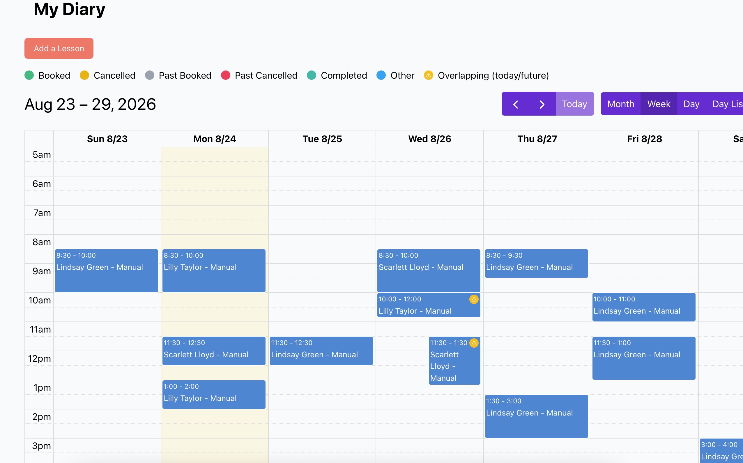 Your week's lessons, booked and laid out in one diary view