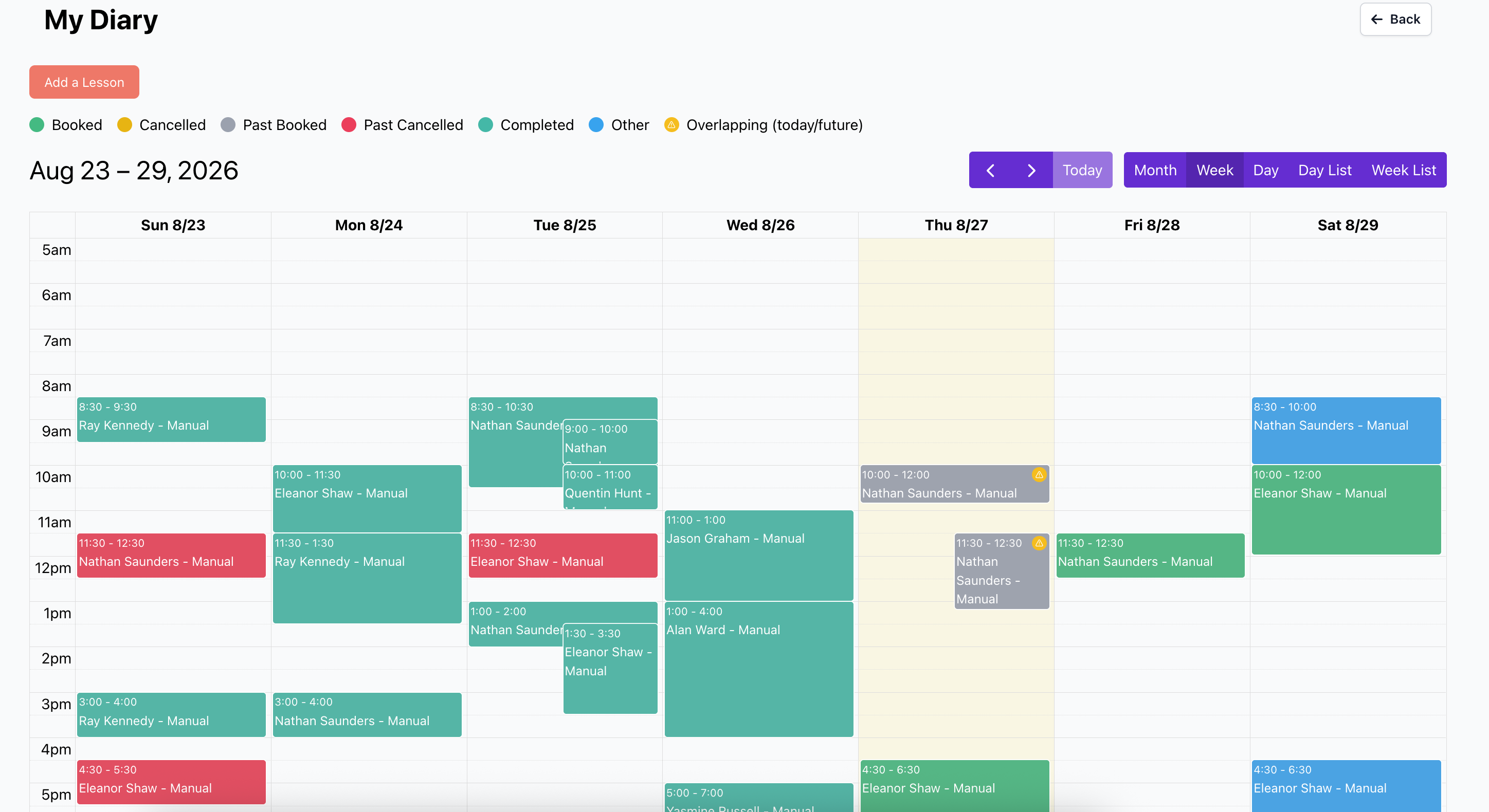 Your week's lessons, booked and laid out in one diary view