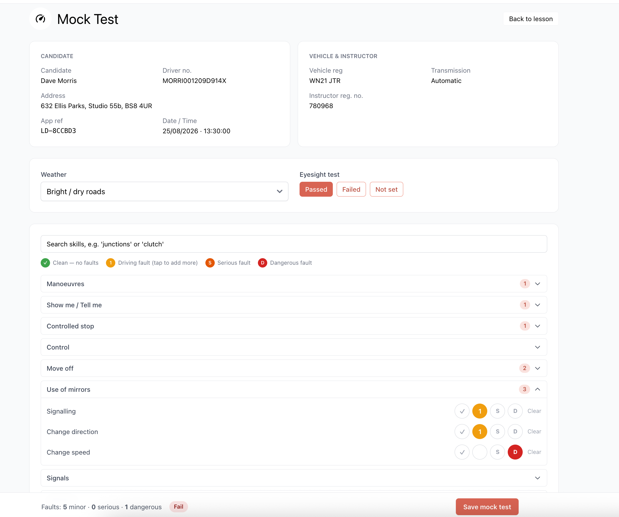 Mock test screen showing the DL25-style skill groups, live fault tally and pass/fail result