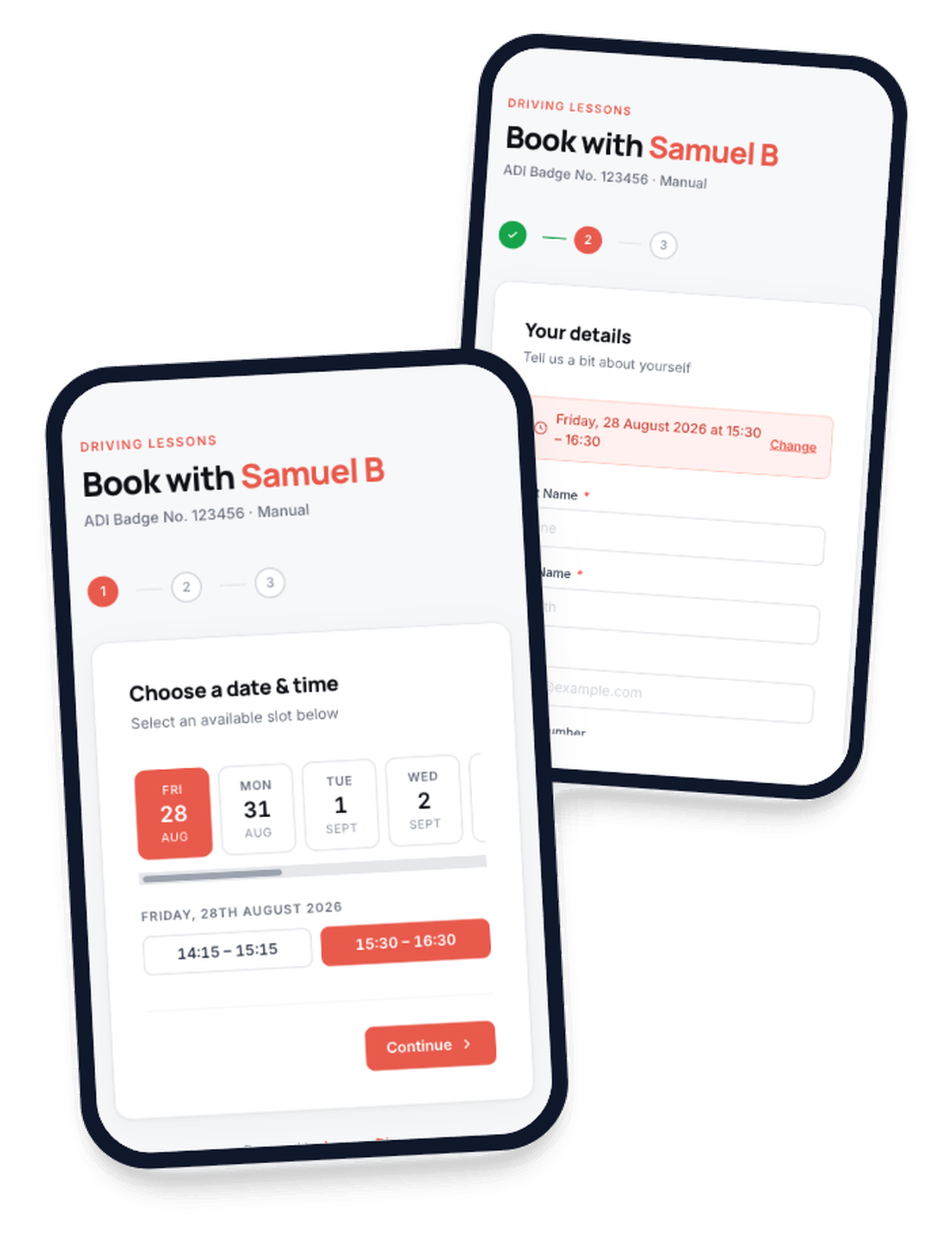 A pupil booking a driving lesson on their phone — choosing a date and time, then entering their details