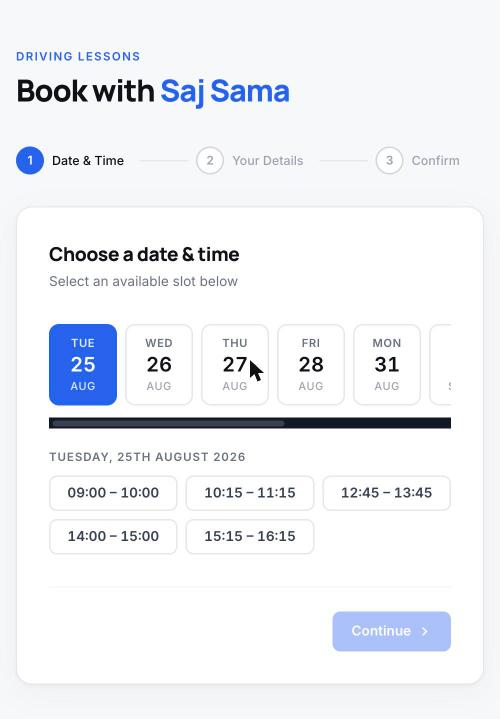 A pupil booking a lesson online, choosing a date and time slot