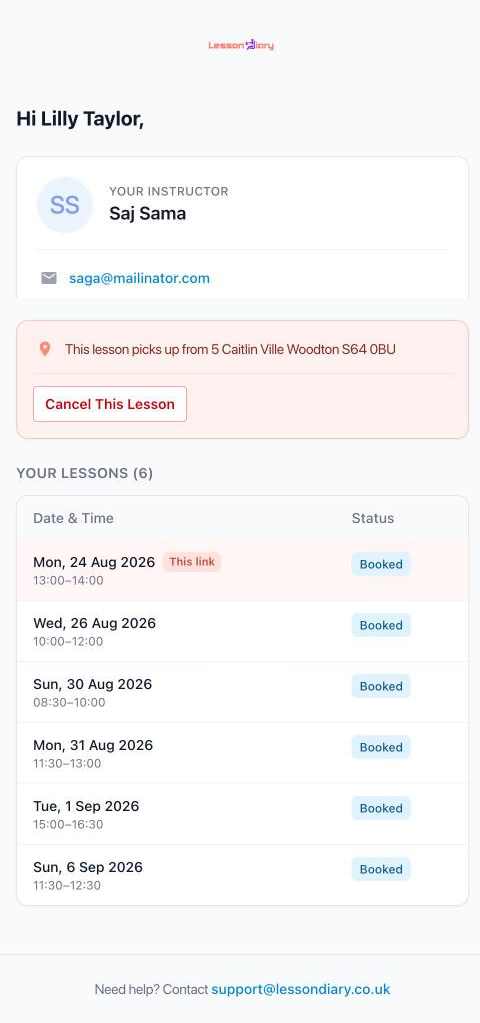 A pupil's private lesson portal, showing their instructor's details and upcoming lessons